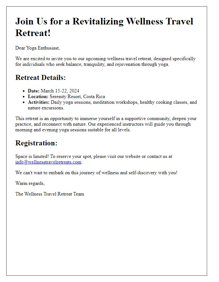 Letter template of wellness travel retreats for yoga enthusiasts.