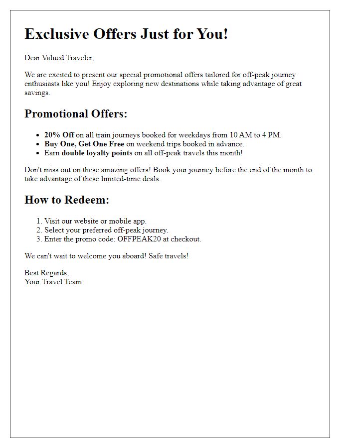 Letter template of special promotional offers for off-peak journey enthusiasts.