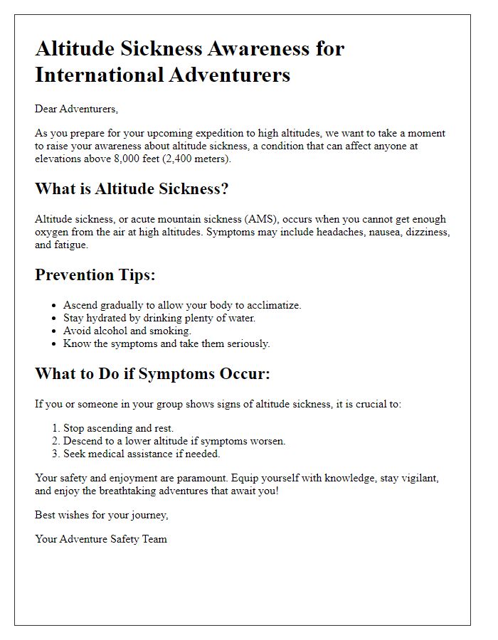 Letter template of altitude sickness awareness for international adventurers