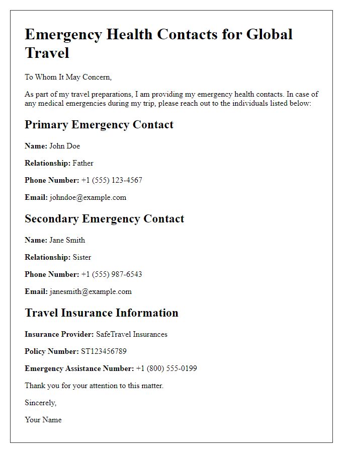 Letter template of emergency health contacts for global trips