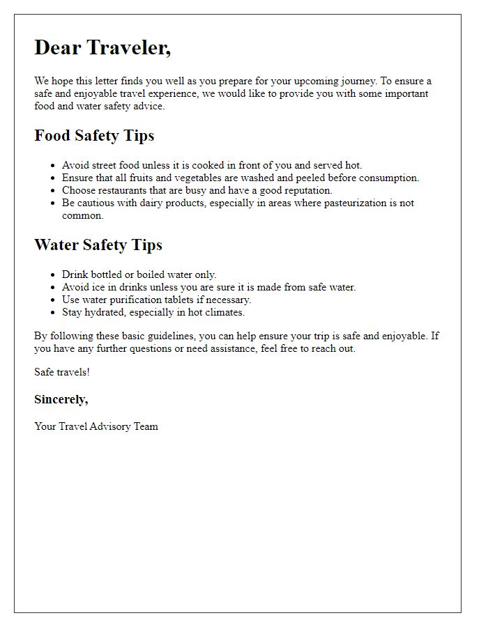 Letter template of food and water safety advice for travelers