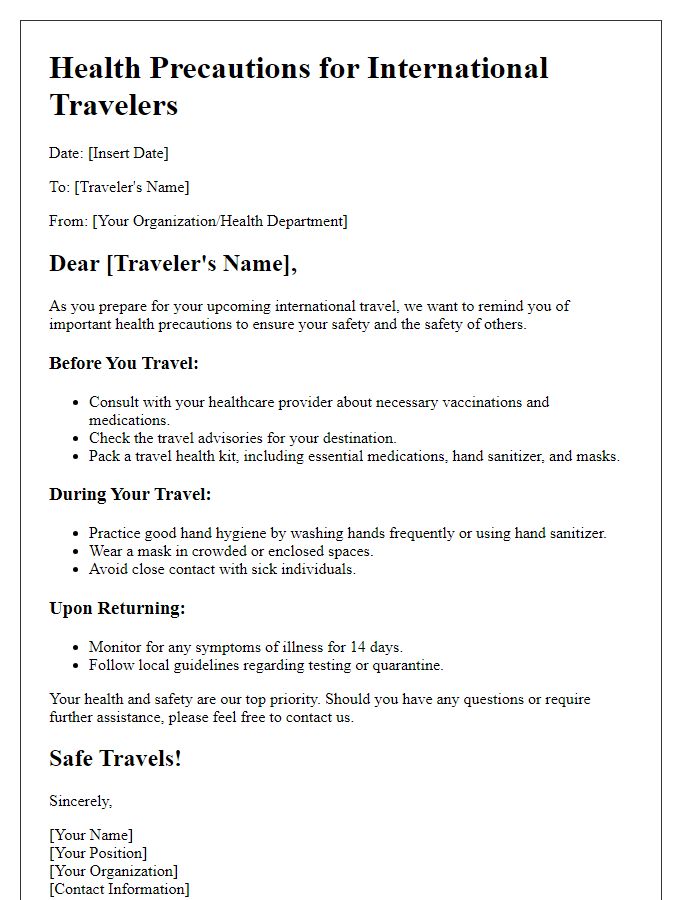 Letter template of health precautions for international travelers