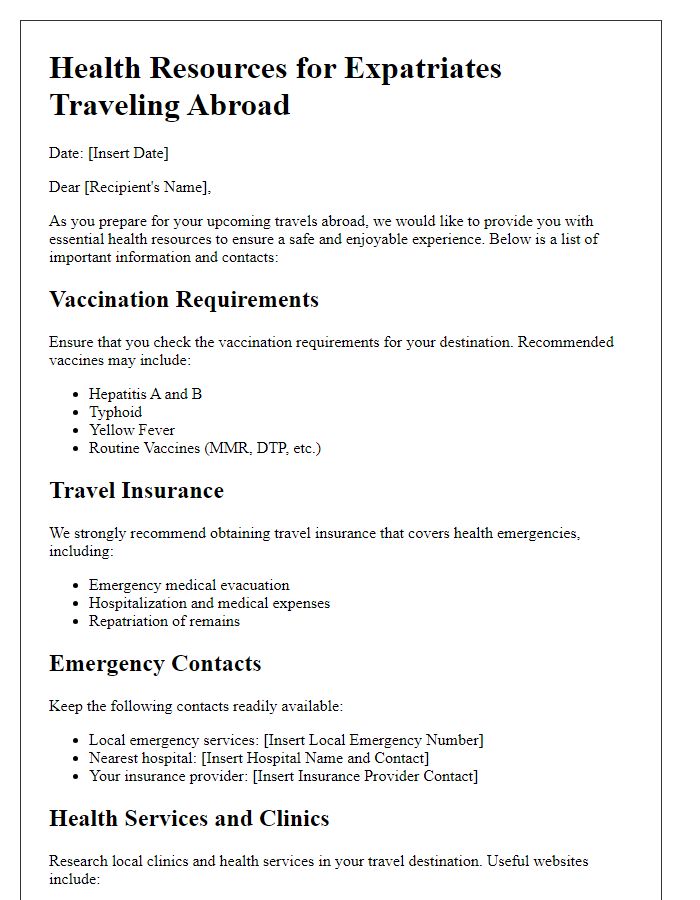 Letter template of health resources for expatriates traveling abroad