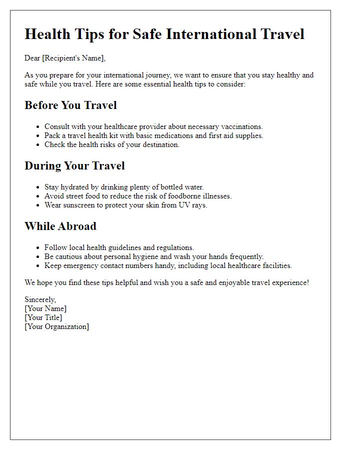 Letter template of health tips for safe international travel