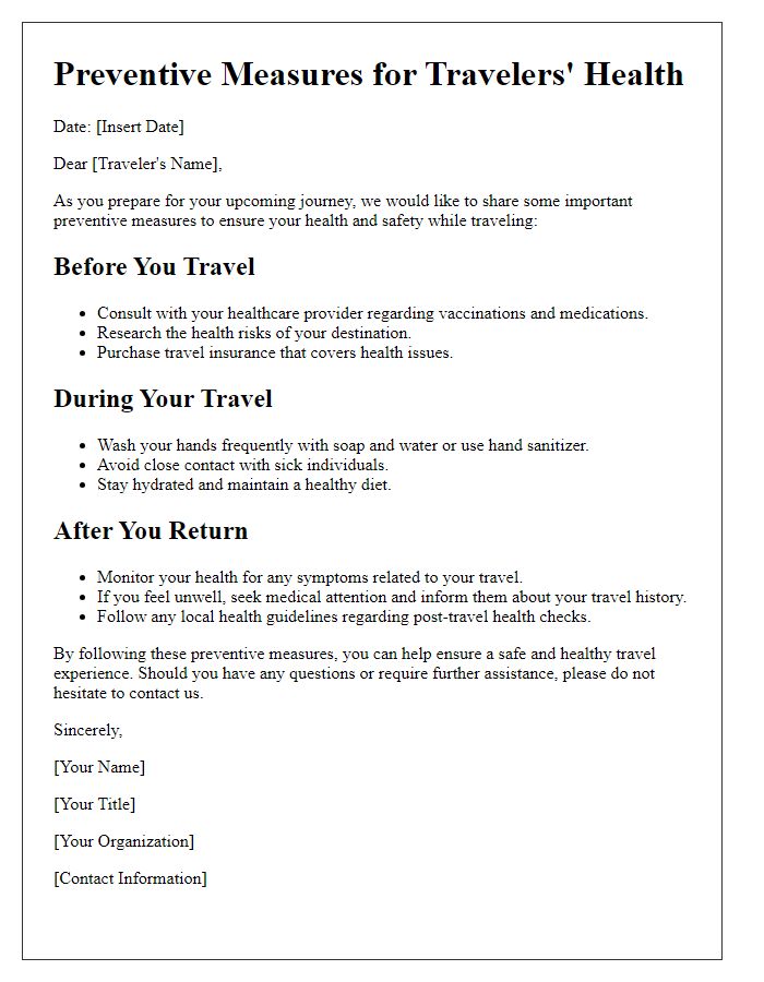 Letter template of preventive measures for travelers health