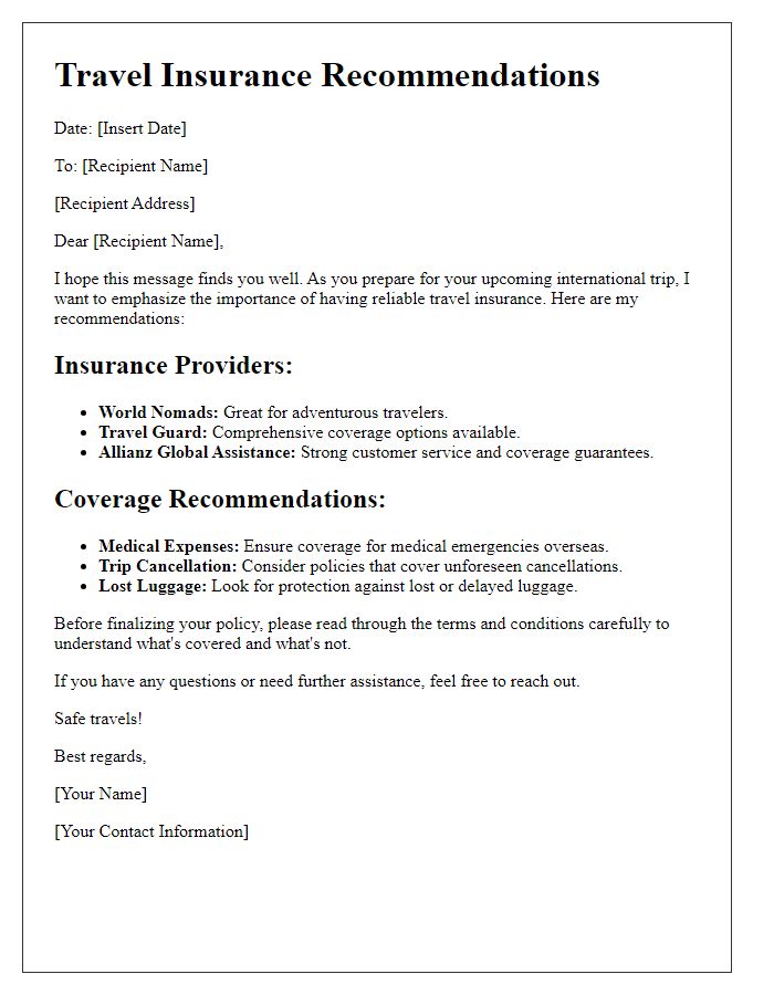 Letter template of travel insurance recommendations for international trips