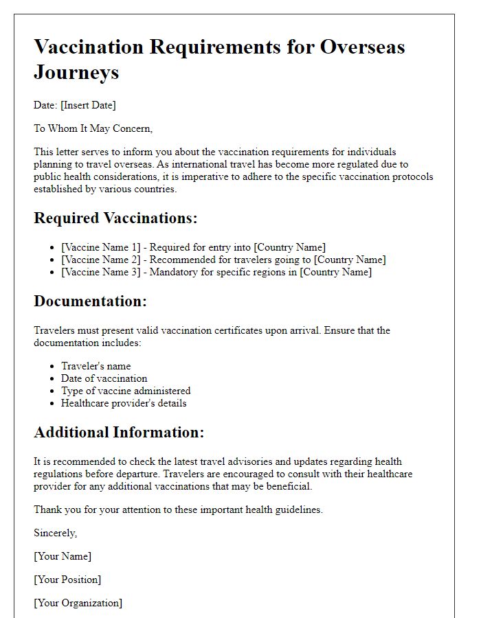 Letter template of vaccination requirements for overseas journeys