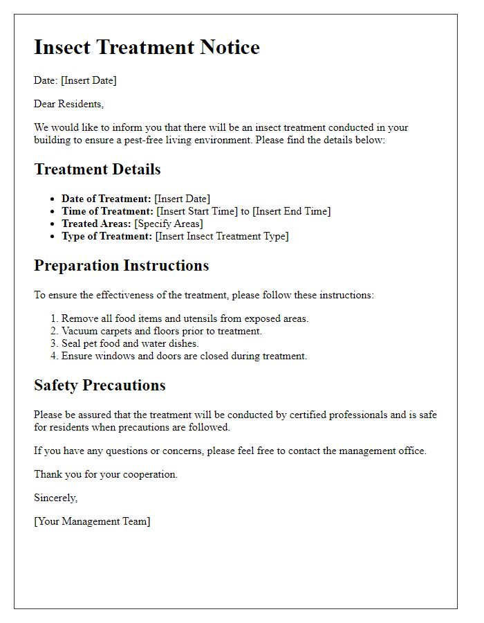 Letter template of insect treatment details for occupancy dwellers