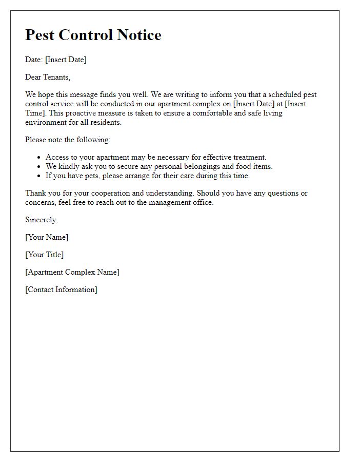 Letter template of pest control notice for apartment tenants