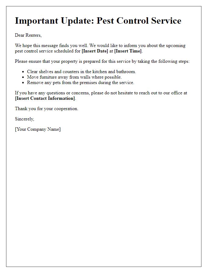 Letter template of pest control service update for renters