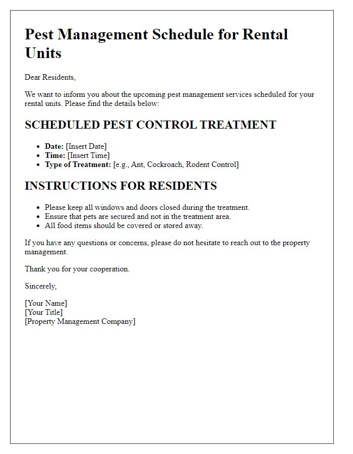 Letter template of pest management scheduling for rental units