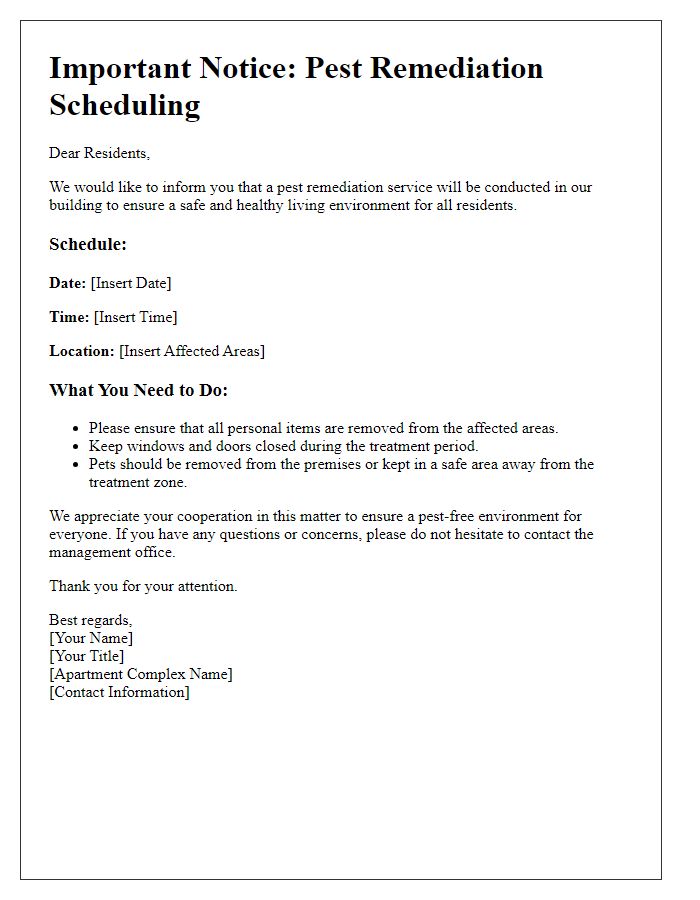 Letter template of pest remediation scheduling for apartment occupants