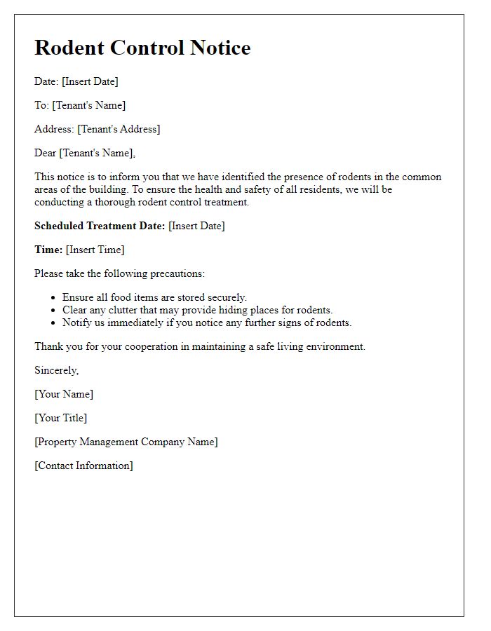 Letter template of rodent control notice for housing tenants