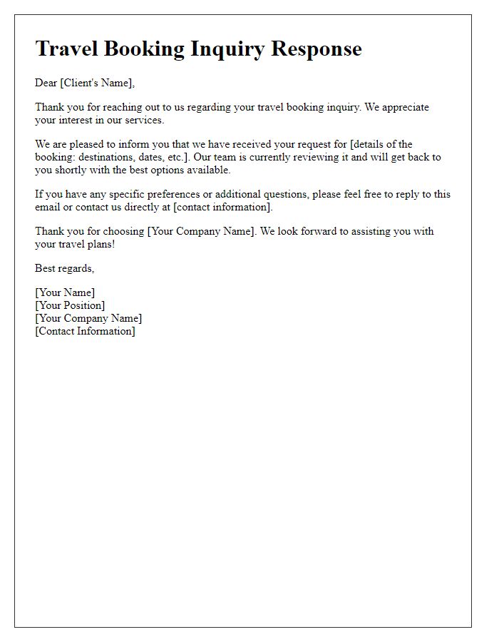 Letter template of client inquiry response for travel bookings