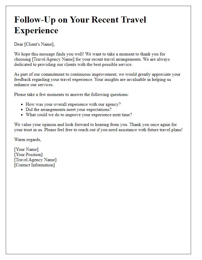 Letter template of follow-up for travel agency client feedback