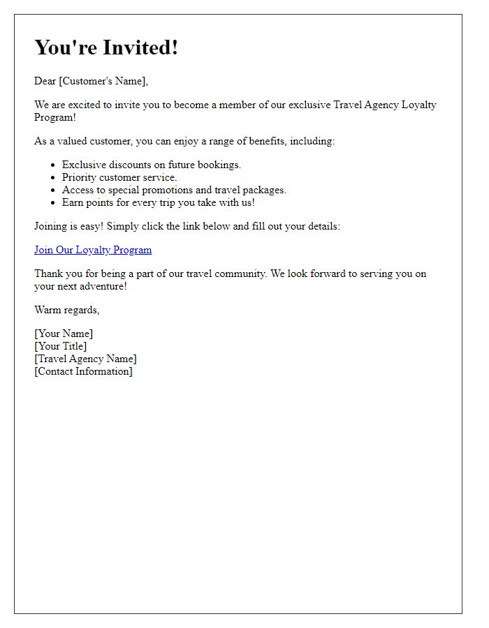 Letter template of invitation to join travel agency loyalty program