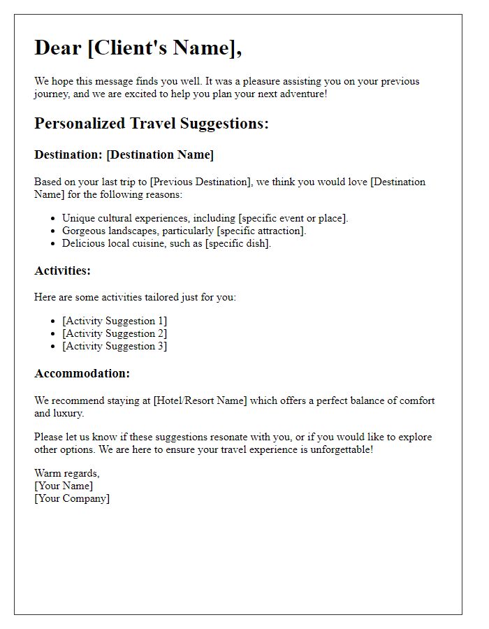 Letter template of personalized travel suggestions for return clients