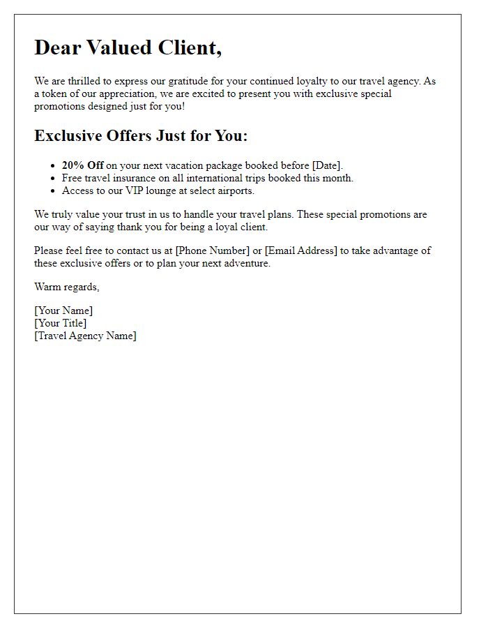 Letter template of special promotions for loyal travel agency clients