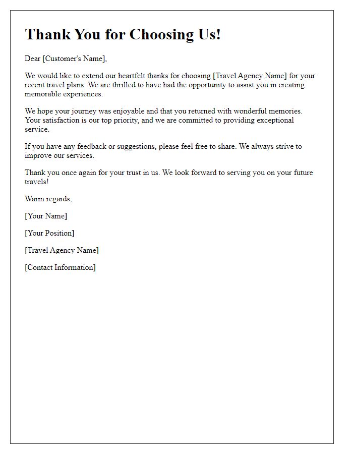 Letter template of thank you for choosing our travel agency