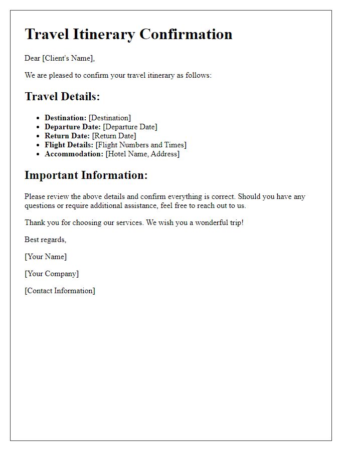 Letter template of travel itinerary confirmation for clients