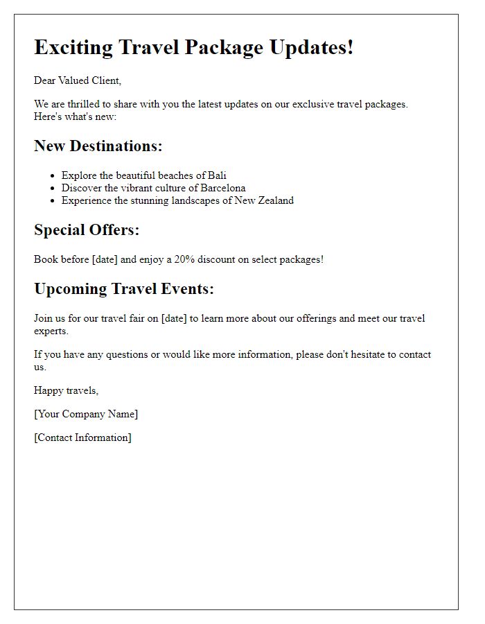 Letter template of travel package updates for interested clients