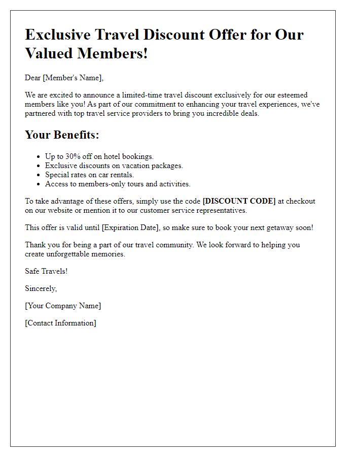 Letter template of membership-based travel discount offers.