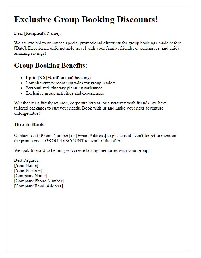 Letter template of promotional travel discounts for group bookings.