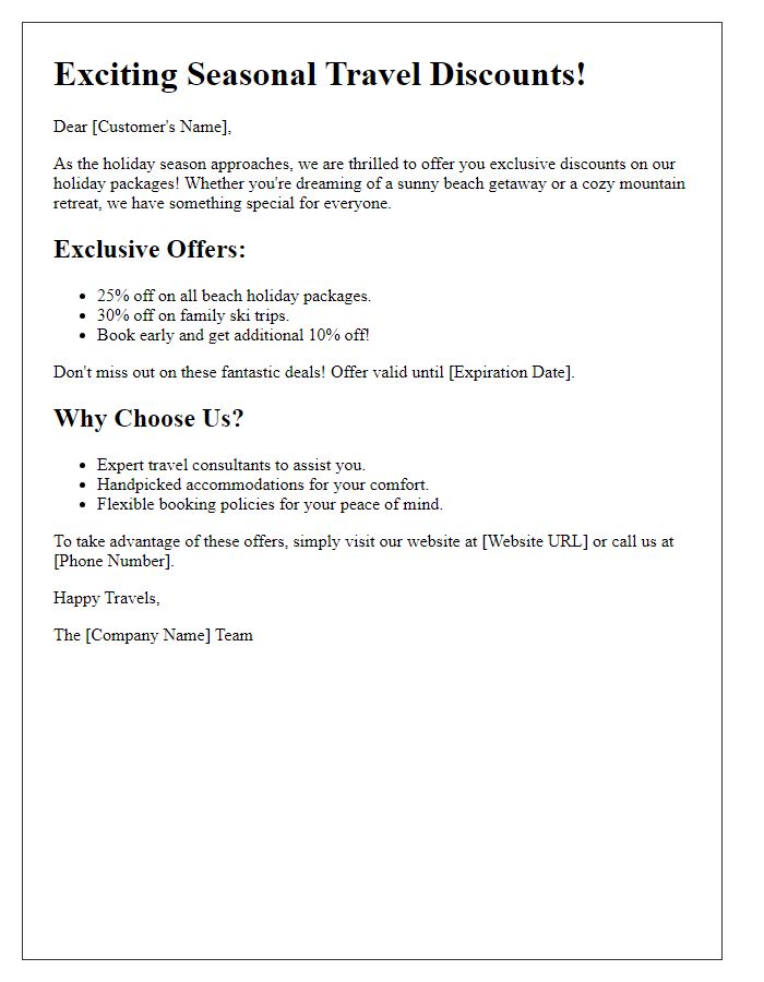 Letter template of seasonal travel discount offers for holiday packages.