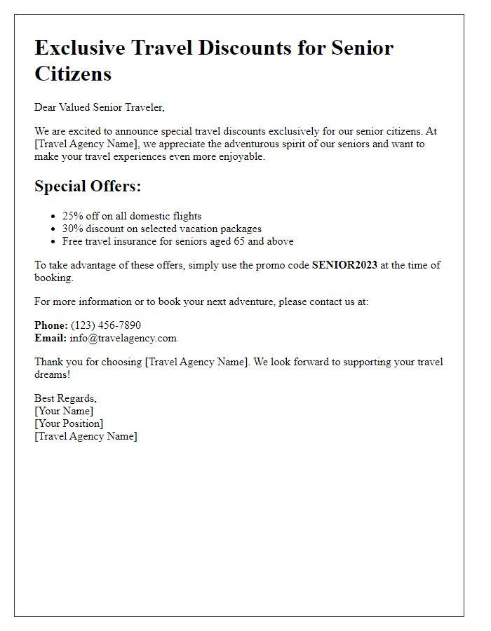 Letter template of special travel discounts for senior citizens.