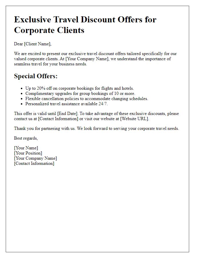 Letter template of travel discount offers for corporate clients.