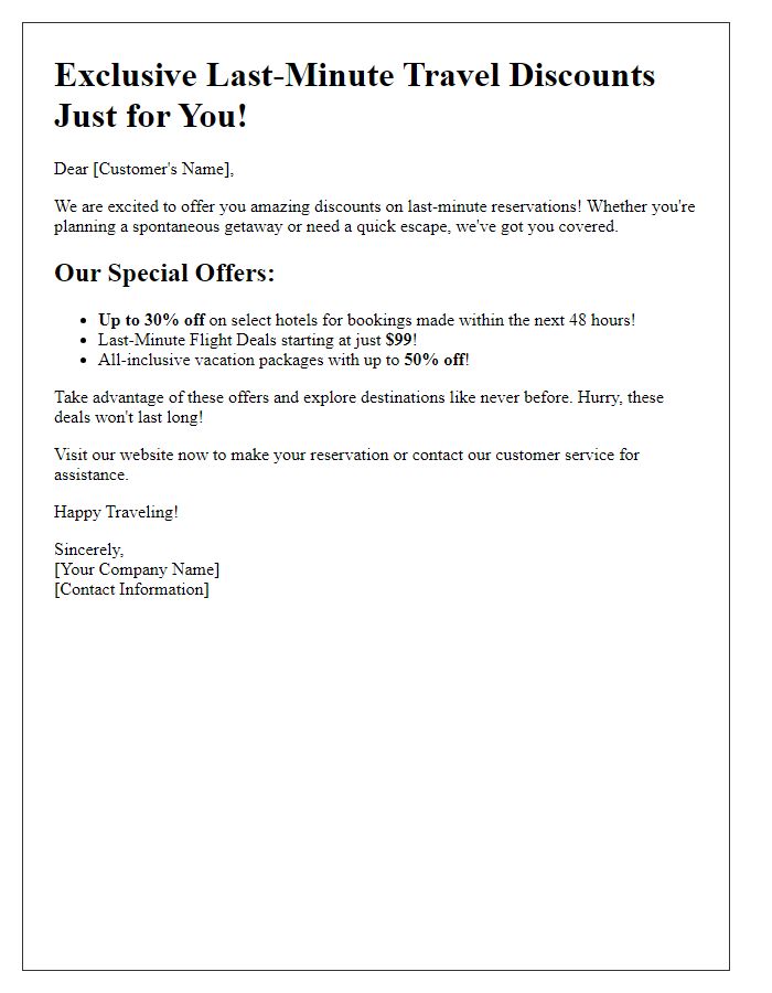 Letter template of travel discount offers for last-minute reservations.