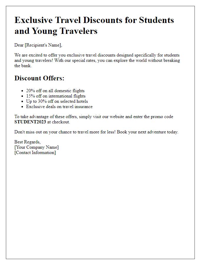 Letter template of travel discounts for students and young travelers.