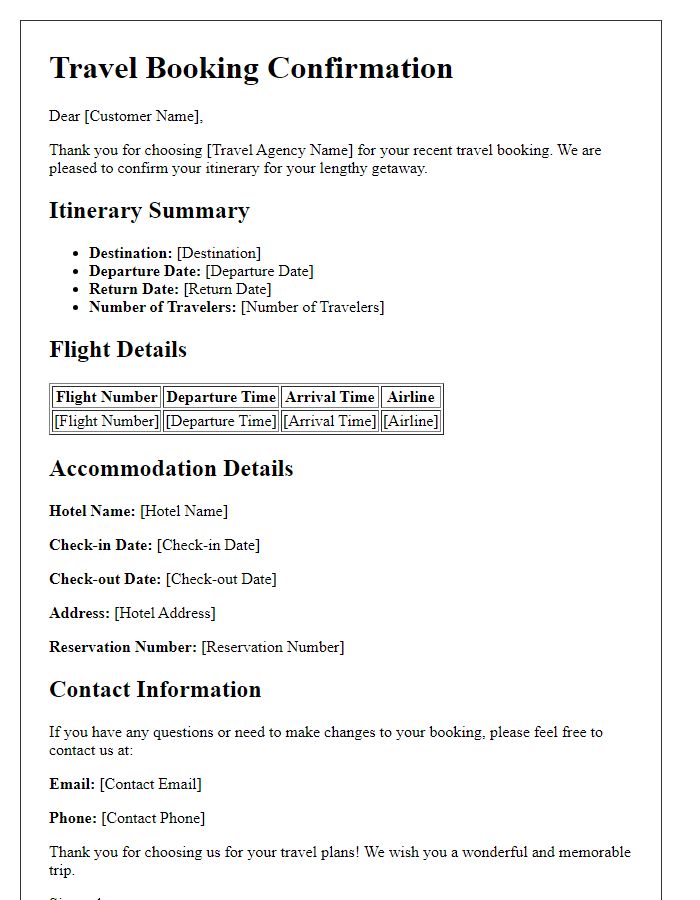 Letter template of travel bookings for lengthy getaways