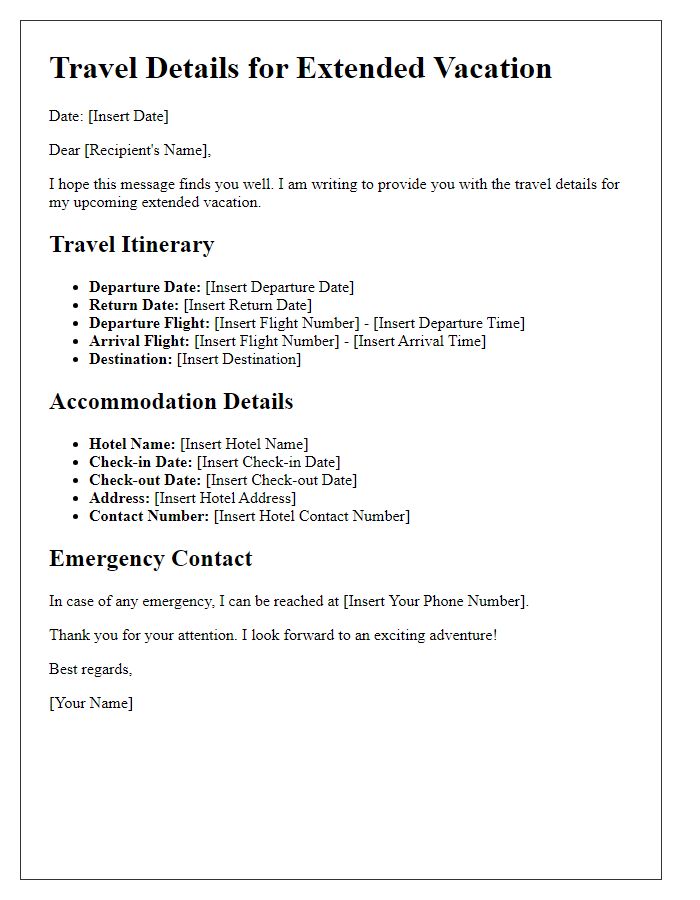 Letter template of travel details for extended vacations