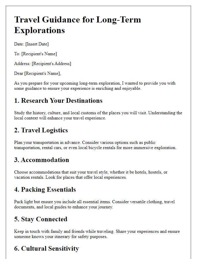 Letter template of travel guidance for long-term explorations