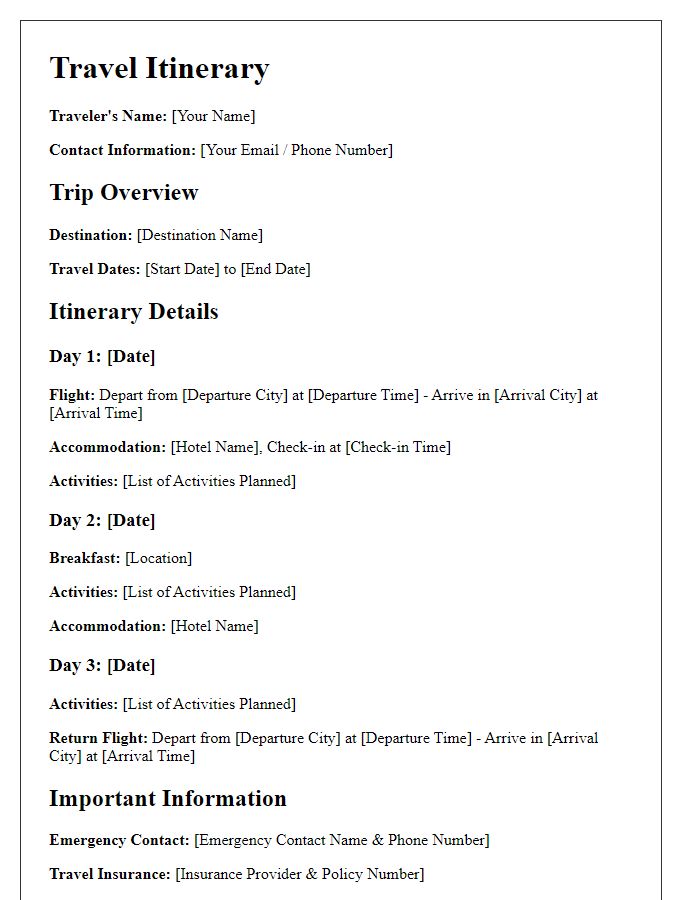 Letter template of travel itinerary for extended journeys