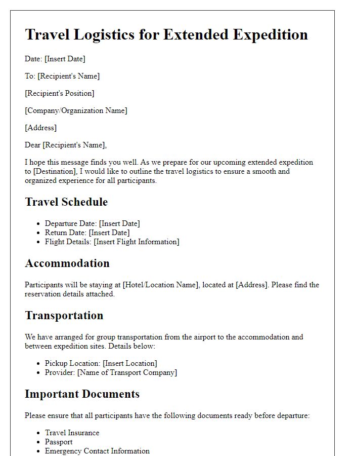 Letter template of travel logistics for extended expeditions