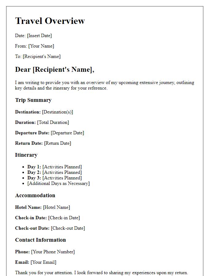 Letter template of travel overview for extensive journeys