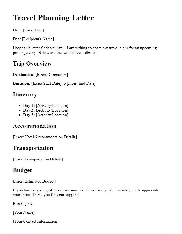 Letter template of travel planning for prolonged trips