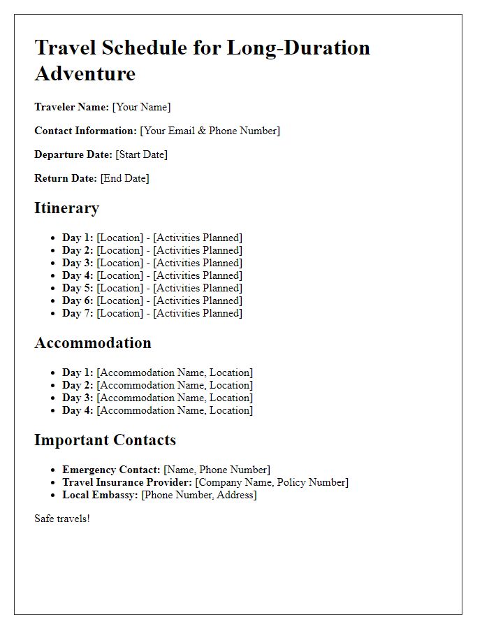 Letter template of travel schedule for long-duration adventures