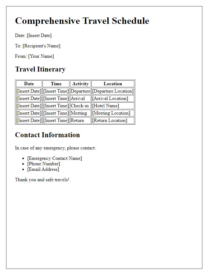 Letter template of comprehensive travel schedule