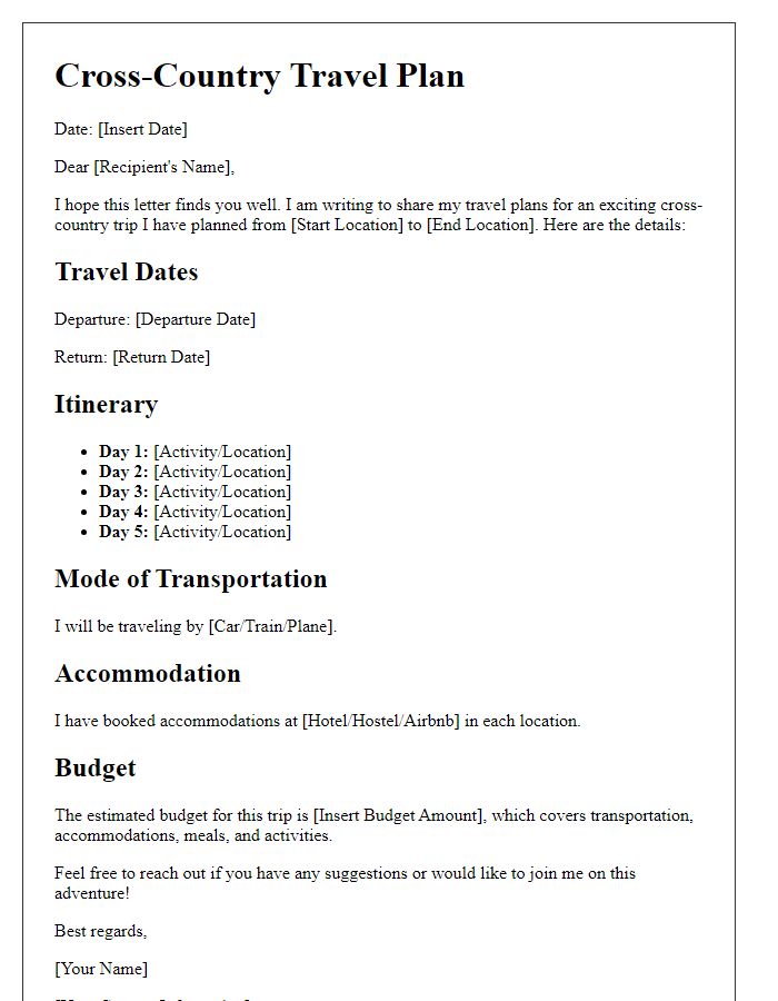 Letter template of cross-country travel plan