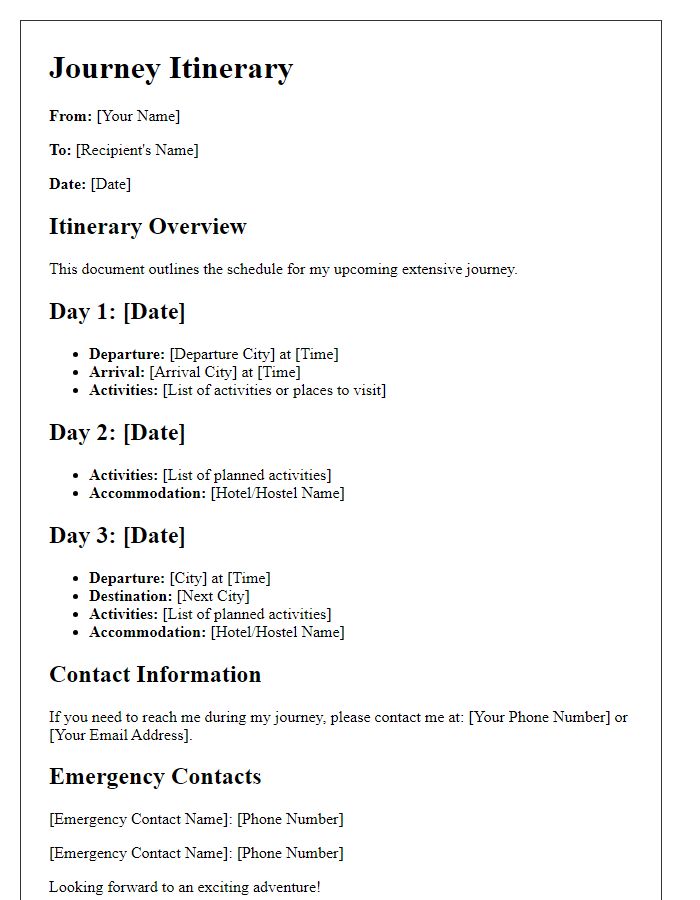 Letter template of extensive journey itinerary