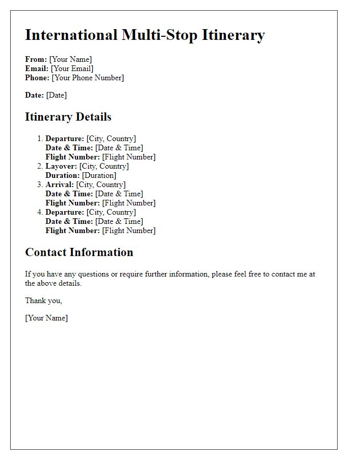 Letter template of international multi-stop itinerary