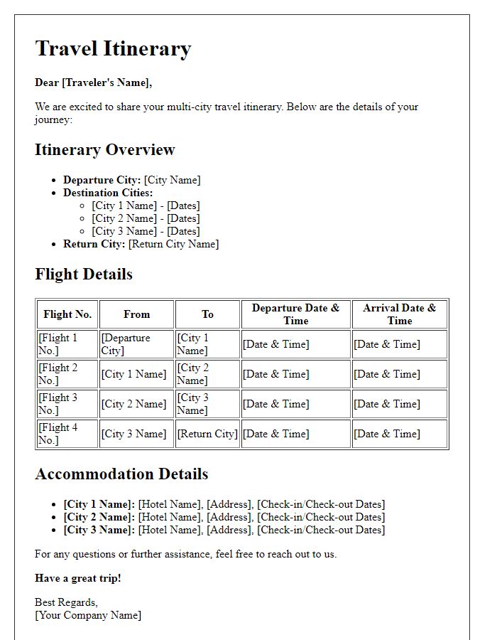 Letter template of multi-city travel itinerary