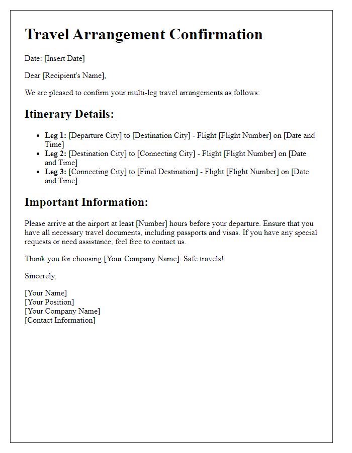 Letter template of multi-leg travel arrangement