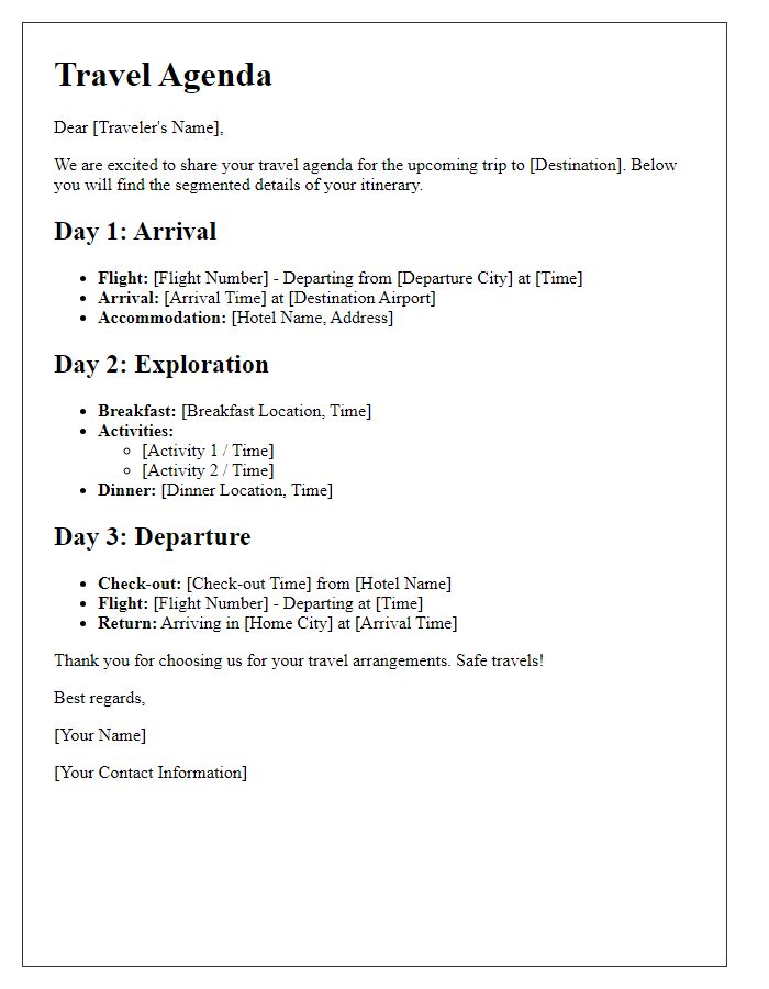 Letter template of segmented travel agenda