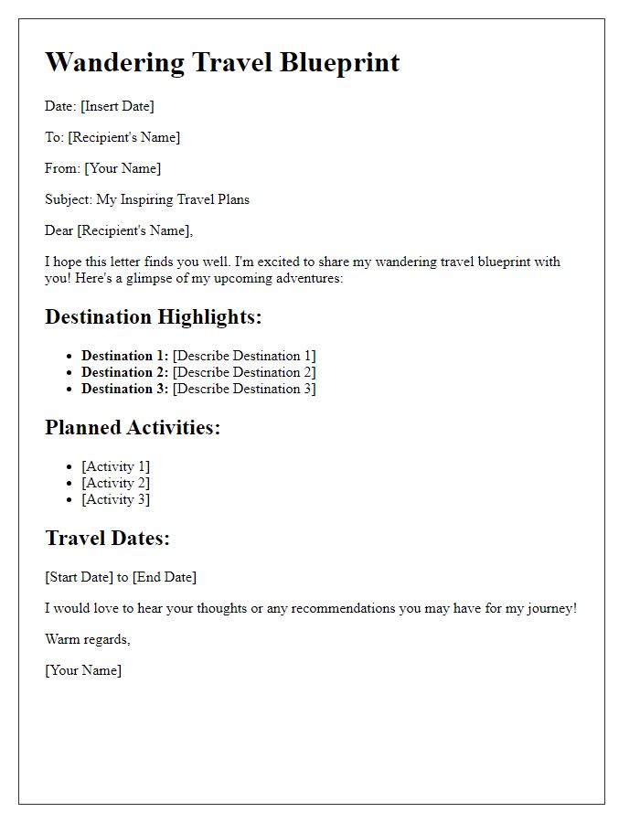 Letter template of wandering travel blueprint