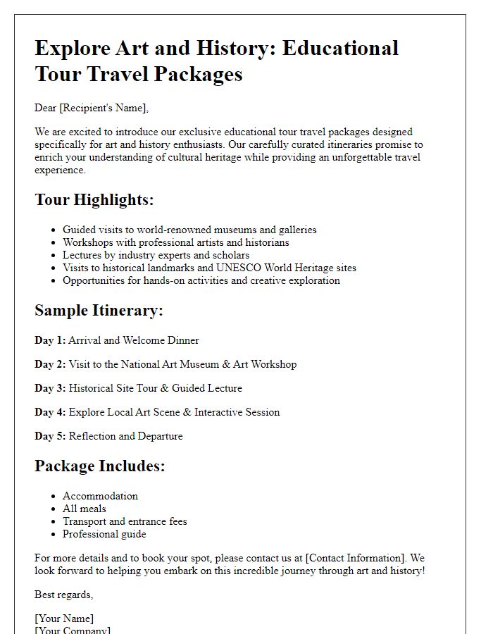 Letter template of educational tour travel packages for art and history.