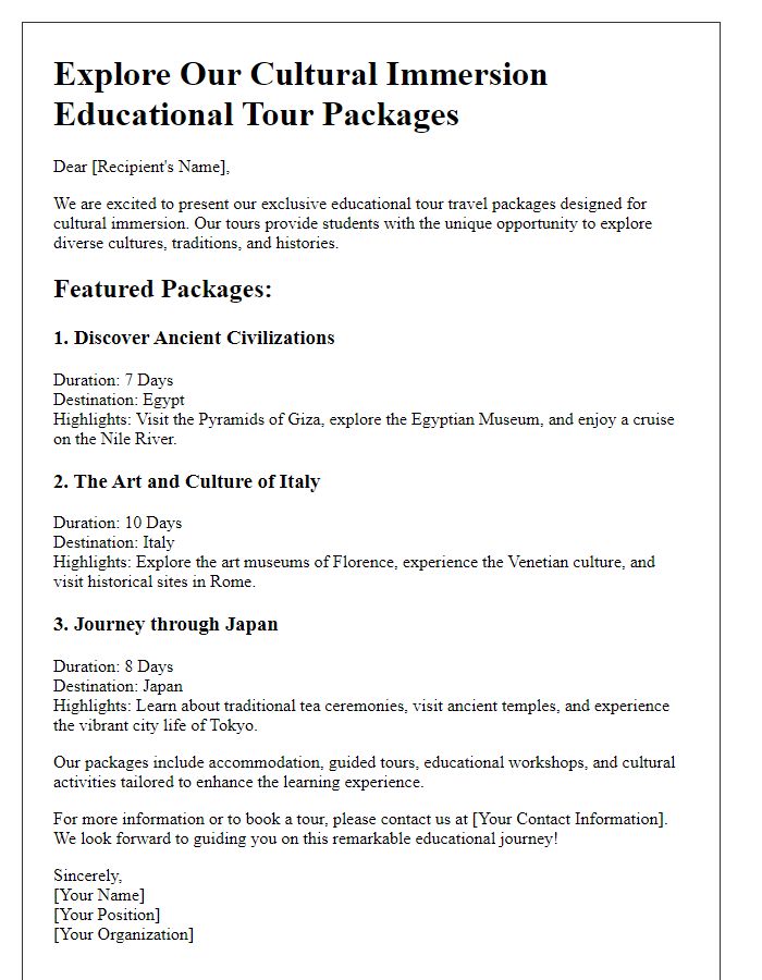 Letter template of educational tour travel packages for cultural immersion.